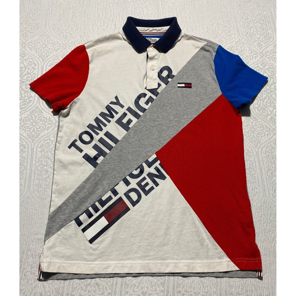 Tommy Hilfiger Denim Mens Colorblock Logo Polo Shirt Red White Blue Grey Size M
